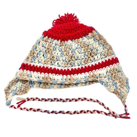 Crochet Hat Blues Browns Red with Ear Flaps and Ties and Pom Pom - Picture 5 of 9